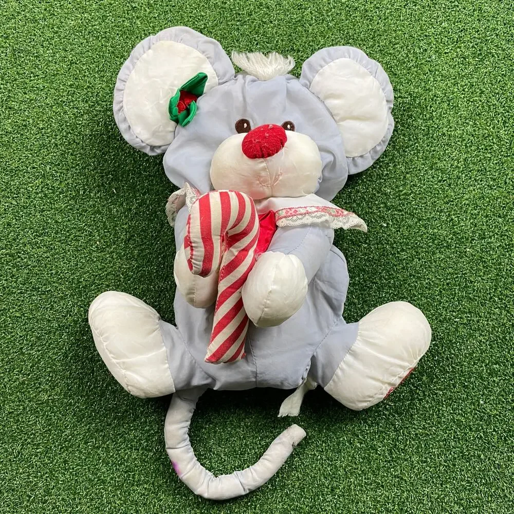 Vintage 1987 Fisher Price Puffalump Christmas Mouse Plush Holding Candy Cane